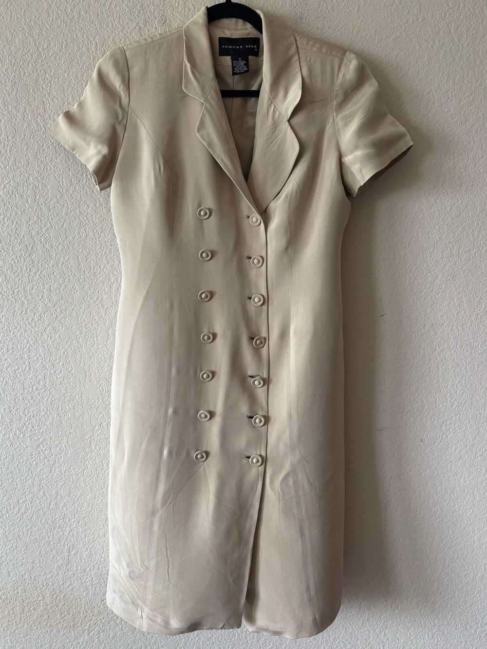 August Silk Khaki 100% Silk Double Breasted Sheath Dress Vintage Size 6